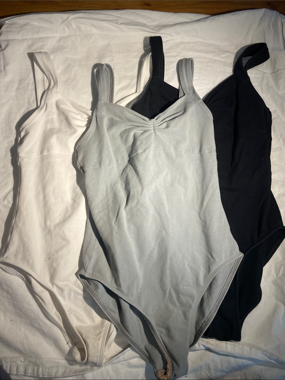 Set Of Three Wear Moi Ballet Leotards - white, gray, black - tank pinch front